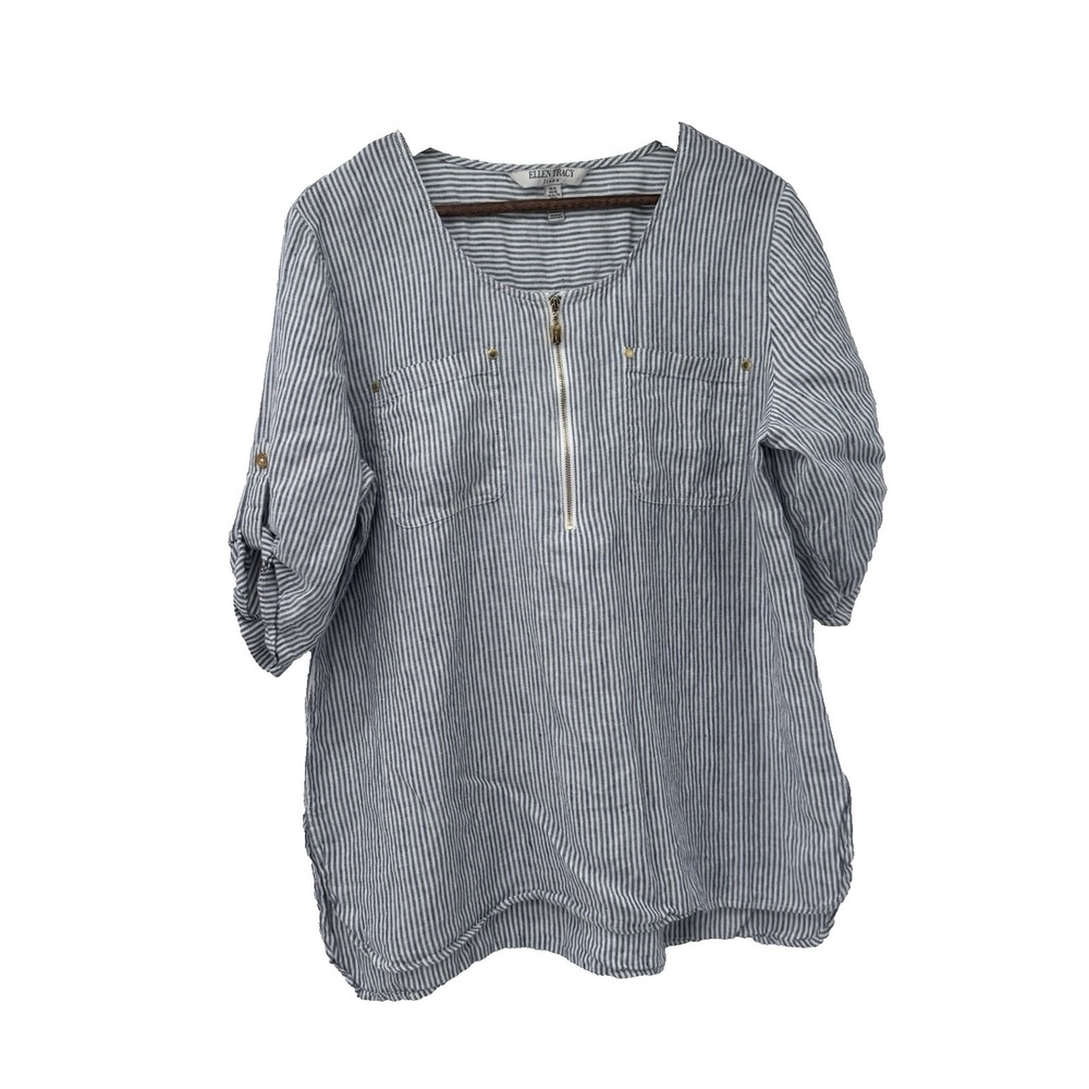 Ellen Tracy Linen‎ XL Striped Zip Pullover Roll Tab Sleeve blouse beachy resort